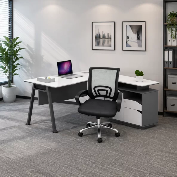 Set birou pentru colt cu dulap lateral si scaun ergonomic cu spatar mesh - 1600*800*750