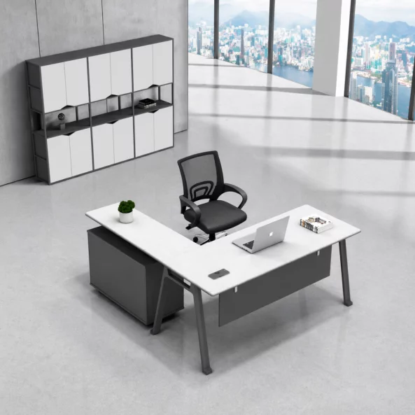 Set birou pentru colt cu dulap lateral si scaun ergonomic cu spatar mesh - 1600*800*750