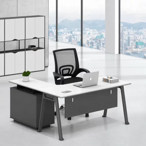 Set birou pentru colt cu dulap lateral si scaun ergonomic cu spatar mesh - 1600*800*750