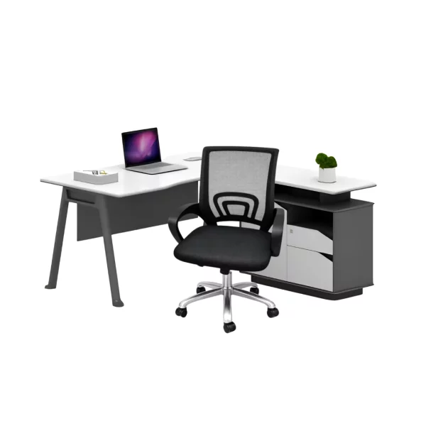 Set birou pentru colt cu dulap lateral si scaun ergonomic cu spatar mesh - 1600*800*750