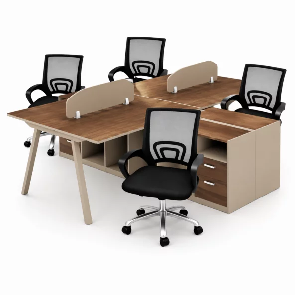 Set Scaun ergonomic cu spatar mesh si Birou Operational cu 4 Posturi - W2800*D2400*H750