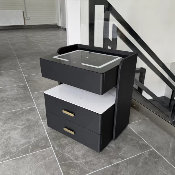 Mesita de noche inteligente con carga inalámbrica de 15W, iluminación LED con 3 colores, caja fuerte integrada y luz nocturna con sensor