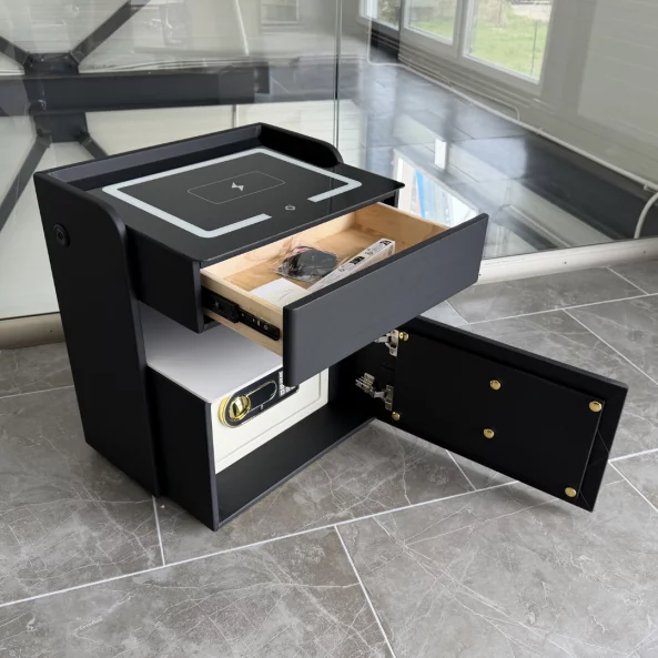 Mesita de noche inteligente con carga inalámbrica de 15W, iluminación LED con 3 colores, caja fuerte integrada y luz nocturna con sensor