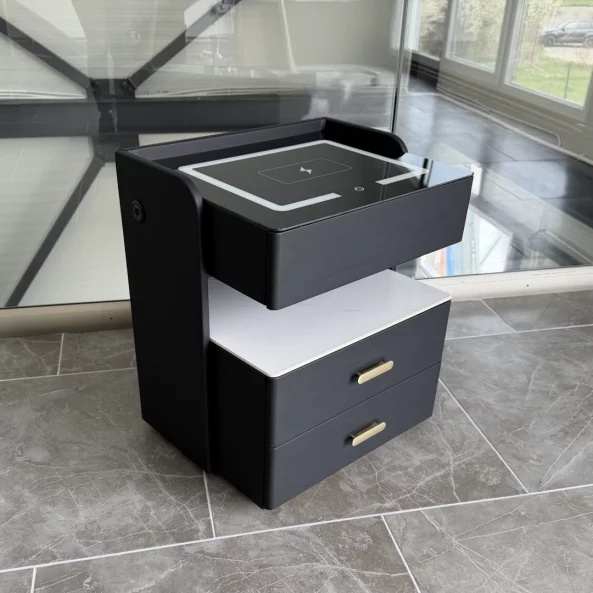 Mesita de noche inteligente con carga inalámbrica de 15W, iluminación LED con 3 colores, caja fuerte integrada y luz nocturna con sensor