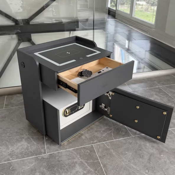 Mesita de noche inteligente con carga inalámbrica de 15W, iluminación LED con 3 colores, caja fuerte integrada y luz nocturna con sensor – color gris antracita