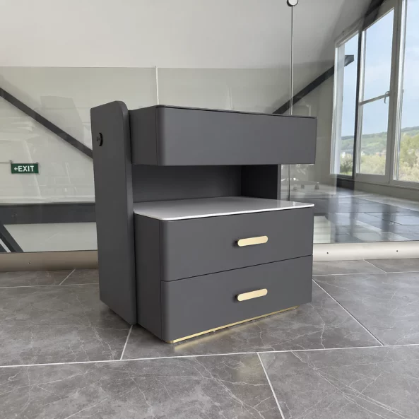 Mesita de noche inteligente con carga inalámbrica de 15W, iluminación LED con 3 colores, caja fuerte integrada y luz nocturna con sensor – color gris antracita