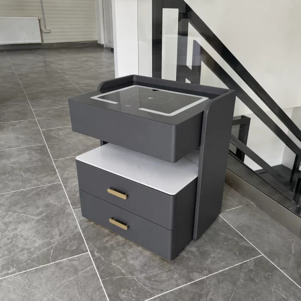 Mesita de noche inteligente con carga inalámbrica de 15W, iluminación LED con 3 colores, caja fuerte integrada y luz nocturna con sensor – color gris antracita