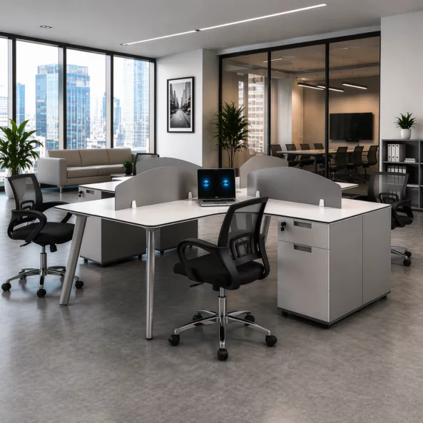 Set Scaun ergonomic cu spatar mesh si Birou Operational cu 4 Posturi - 2400*2800*750