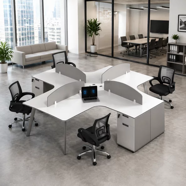 Set Scaun ergonomic cu spatar mesh si Birou Operational cu 4 Posturi - 2400*2800*750