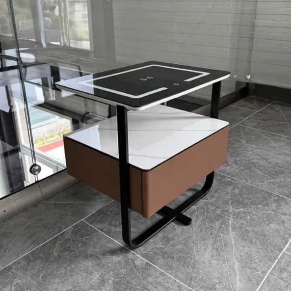 Mesita de noche inteligente con carga inalámbrica, LED y 1 cajón de almacenamiento – color marrón