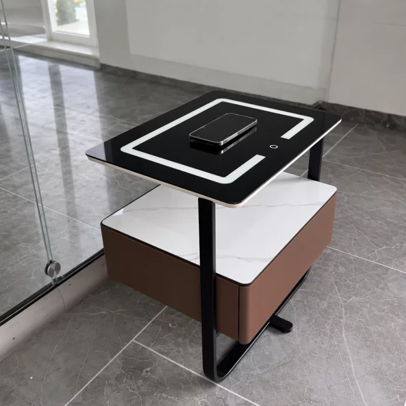 Mesita de noche inteligente con carga inalámbrica, LED y 1 cajón de almacenamiento – color marrón