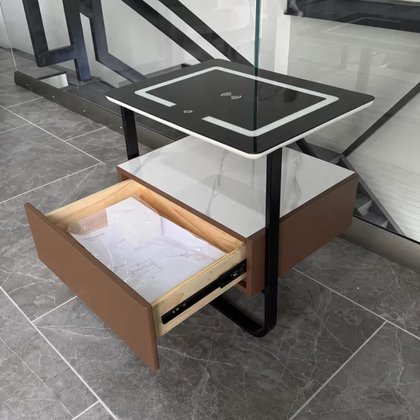 Mesita de noche inteligente con carga inalámbrica, LED y 1 cajón de almacenamiento – color marrón