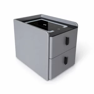 Mesita de noche inteligente slim con carga inalámbrica, iluminación LED y 2 cajones - color gris antracita, diseño moderno de vidrio y madera
