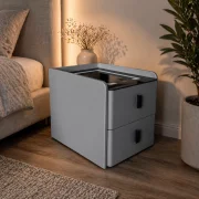 Vekony intelligens ejjeliszekreny vezetek nelkuli toltessel, LED vilagitassal es 2 fiokkal - antracitszurke szinu, modern uveg es fa design