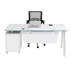 Set birou cu blat din sticla, dulap lateral fix si Scaun de birou ergonomic cu spătar mesh - 1400*700*750