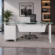 Set birou cu blat din sticla, dulap lateral fix si Scaun de birou ergonomic cu spătar mesh - 1400*700*750