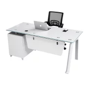 Set birou cu blat din sticla, dulap lateral fix si Scaun de birou ergonomic cu spătar mesh - 1400*700*750