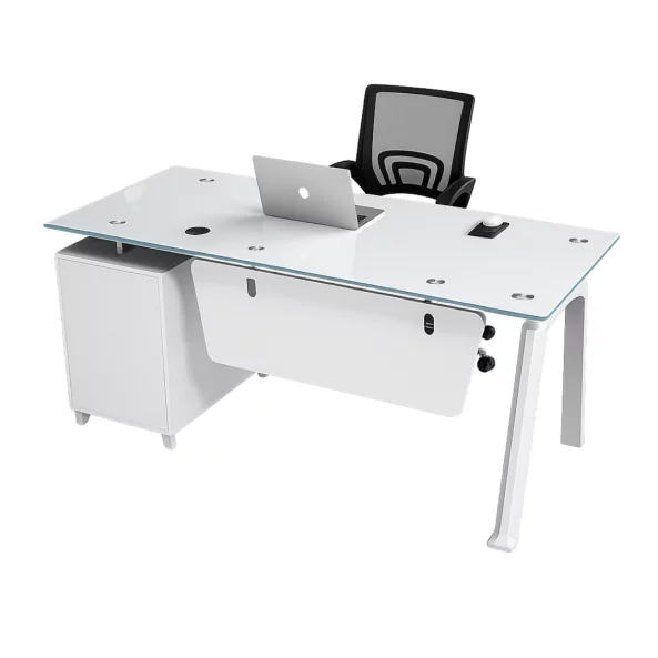 Set birou cu blat din sticla, dulap lateral fix si Scaun de birou ergonomic cu spătar mesh - 1400*700*750