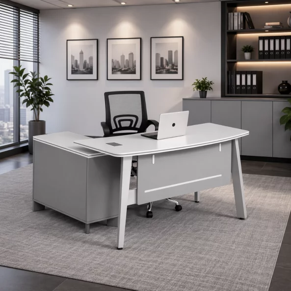 Set Scaun ergonomic cu spatar mesh si Birou cu dulap lateral - 1600*1400*750