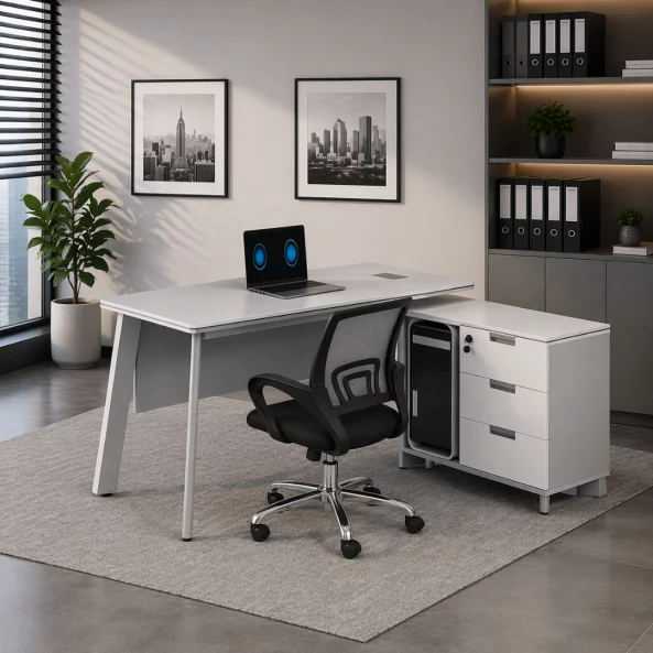 Set Scaun ergonomic cu spatar mesh si Birou cu dulap lateral - 1600*1400*750