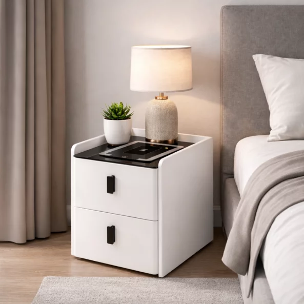 Тънко интелигентно нощно шкафче с безжично зареждане, LED осветление и 2 чекмеджета – бял цвят, модерен дизайн от стъкло и дърво.