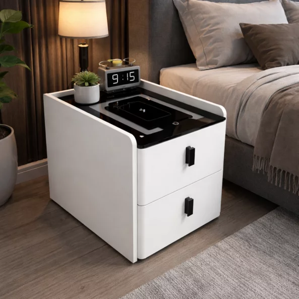 Тънко интелигентно нощно шкафче с безжично зареждане, LED осветление и 2 чекмеджета – бял цвят, модерен дизайн от стъкло и дърво.