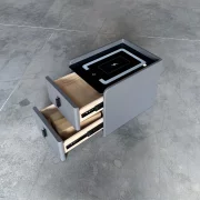 Vekony intelligens ejjeliszekreny vezetek nelkuli toltessel, LED vilagitassal es 2 fiokkal - antracitszurke szinu, modern uveg es fa design