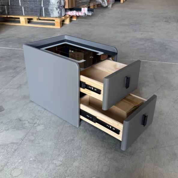 Vekony intelligens ejjeliszekreny vezetek nelkuli toltessel, LED vilagitassal es 2 fiokkal - antracitszurke szinu, modern uveg es fa design