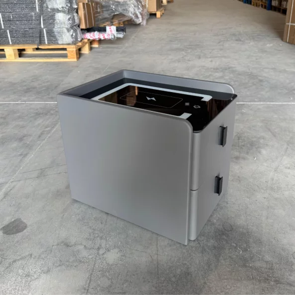 Vekony intelligens ejjeliszekreny vezetek nelkuli toltessel, LED vilagitassal es 2 fiokkal - antracitszurke szinu, modern uveg es fa design