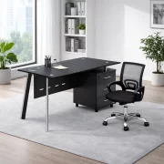 Set Scaun ergonomic cu spatar mesh si Birou cu blat din sticla si dulap lateral fix 1200*600*750