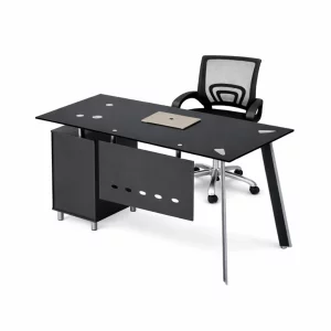 Set Scaun ergonomic cu spatar mesh si Birou cu blat din sticla si dulap lateral fix 1200*600*750