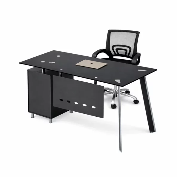 Set Scaun ergonomic cu spatar mesh si Birou cu blat din sticla si dulap lateral fix 1200*600*750