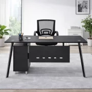 Set Scaun ergonomic cu spatar mesh si Birou cu blat din sticla si dulap lateral fix 1200*600*750