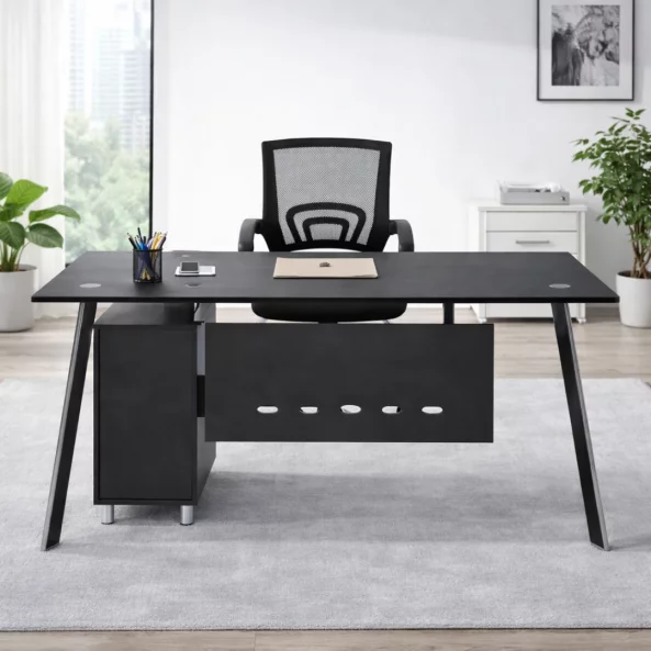 Set Scaun ergonomic cu spatar mesh si Birou cu blat din sticla si dulap lateral fix 1200*600*750