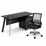 Set Scaun ergonomic cu spatar mesh si Birou cu blat din sticla si dulap lateral fix 1200*600*750