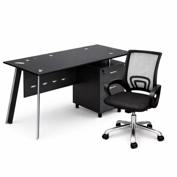Set Scaun ergonomic cu spatar mesh si Birou cu blat din sticla si dulap lateral fix 1200*600*750