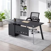 Set Scaun ergonomic cu spatar mesh si Birou cu blat din sticla si dulap lateral fix 1200*600*750