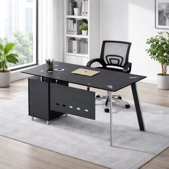 Set Scaun ergonomic cu spatar mesh si Birou cu blat din sticla si dulap lateral fix 1200*600*750