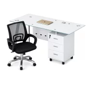 Set Scaun ergonomic cu spatar mesh si Birou cu blat din sticla si dulap lateral fix 1200*600*750, white