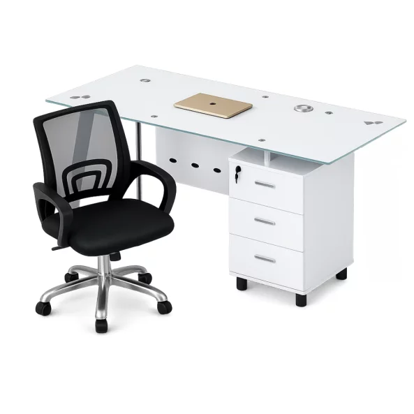Set Scaun ergonomic cu spatar mesh si Birou cu blat din sticla si dulap lateral fix 1200*600*750, white