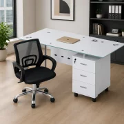 Set Scaun ergonomic cu spatar mesh si Birou cu blat din sticla si dulap lateral fix 1200*600*750, white