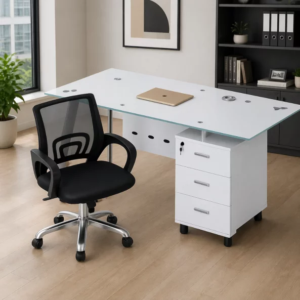 Set Scaun ergonomic cu spatar mesh si Birou cu blat din sticla si dulap lateral fix 1200*600*750, white