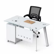 Set Scaun ergonomic cu spatar mesh si Birou cu blat din sticla si dulap lateral fix 1200*600*750, white