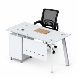 Set Scaun ergonomic cu spatar mesh si Birou cu blat din sticla si dulap lateral fix 1200*600*750, white