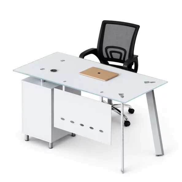 Set Scaun ergonomic cu spatar mesh si Birou cu blat din sticla si dulap lateral fix 1200*600*750, white