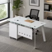 Set Scaun ergonomic cu spatar mesh si Birou cu blat din sticla si dulap lateral fix 1200*600*750, white