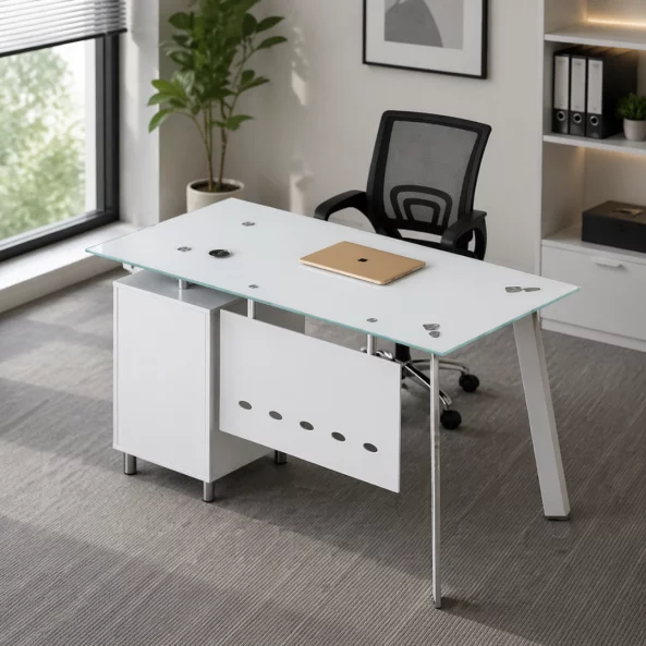 Set Scaun ergonomic cu spatar mesh si Birou cu blat din sticla si dulap lateral fix 1200*600*750, white