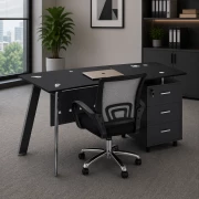 Set Scaun ergonomic cu spatar mesh si birou cu blat din sticla si dulap lateral fix 1400*700*750, Black