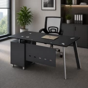 Set Scaun ergonomic cu spatar mesh si birou cu blat din sticla si dulap lateral fix 1400*700*750, Black