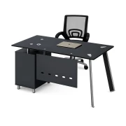 Set Scaun ergonomic cu spatar mesh si birou cu blat din sticla si dulap lateral fix 1400*700*750, Black